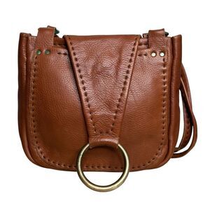 Vintage Leather Handbag Brown Retro Flap Brass Ring Whipstitch Heavyweight Boho